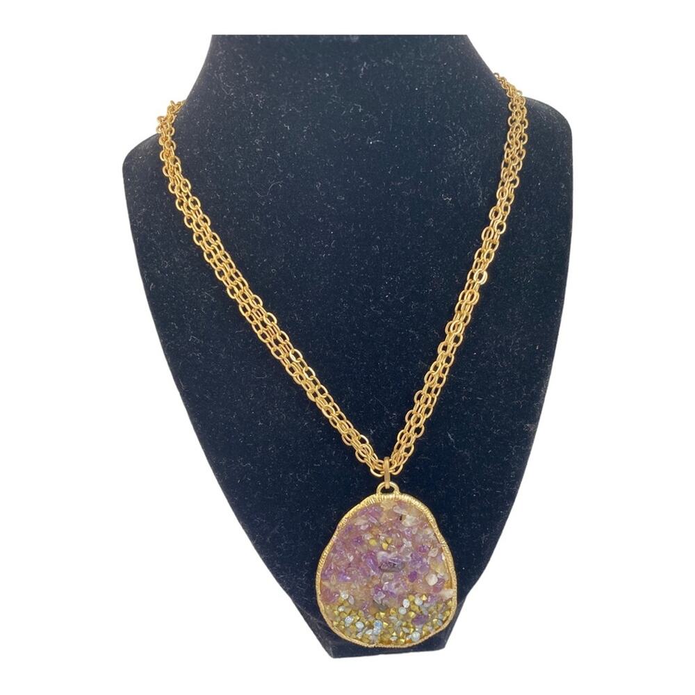 Dune & Willow Triple Chain Gold Mosiac Large Teardrop Necklace